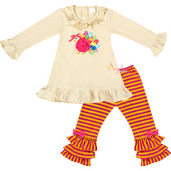 Baby Toddler Little Girls Thanksgiving Turkey Ruffle Top Pants Set w/ Free Headband - Ivory Fuchsia Stripes