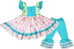 Boutique Clothing Girls Unicorn Ruffle Top & Pants Outfit Clothing 2-pc Set - Aqua/Pink - Angeline Kids