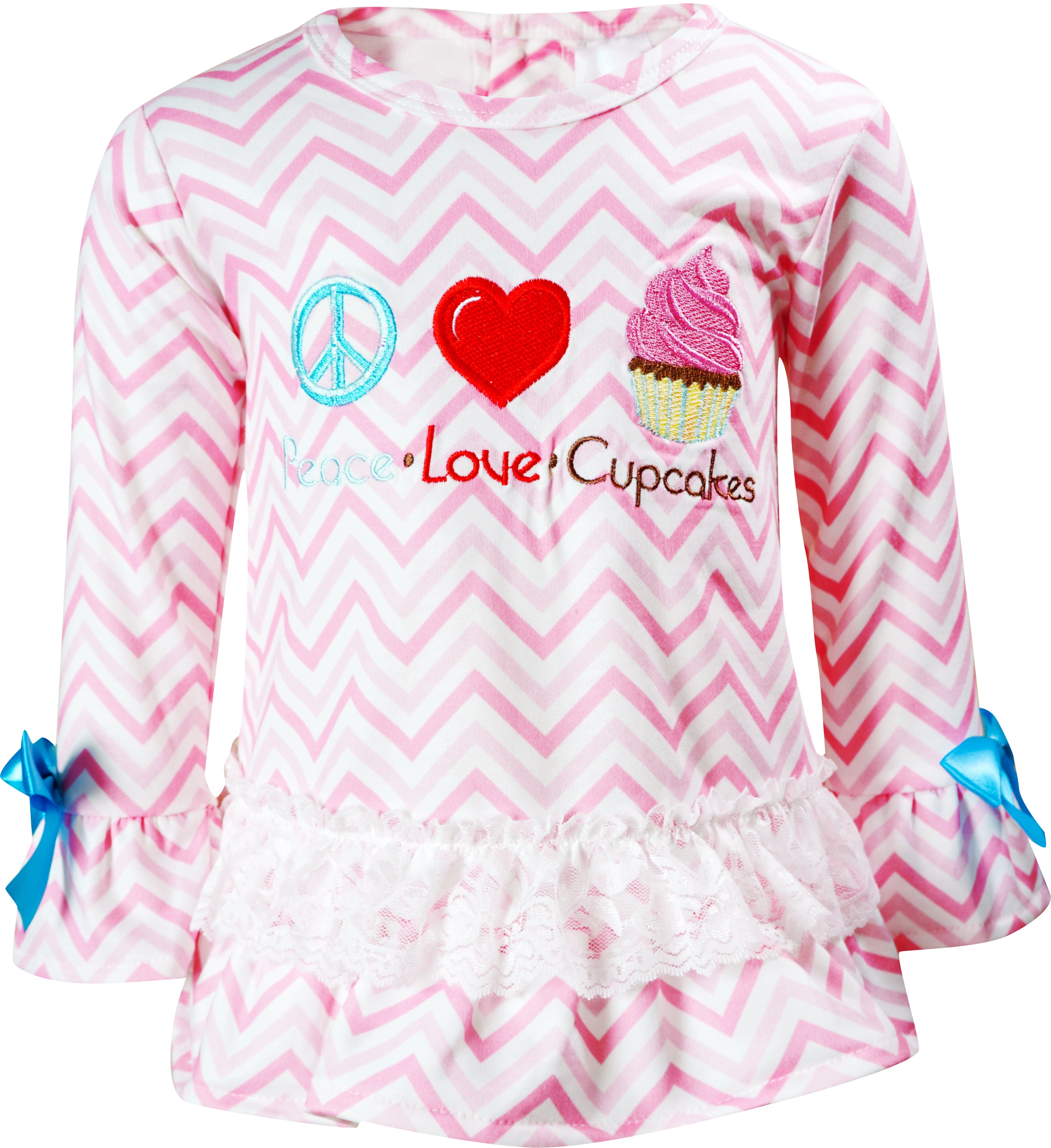 Baby Toddler Little Girls Valentines Peace Love Cupcake Ruffle Top Pants Set Pink Chevron - Angeline Kids