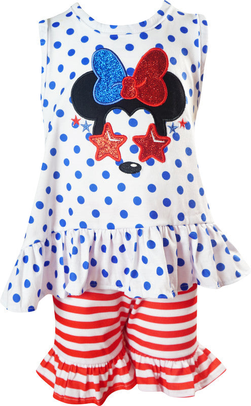Baby Girls Patriotic Mouse Inspired Diagonal Ruffle Tank Short Outfit Red White Blue - Angeline Kids