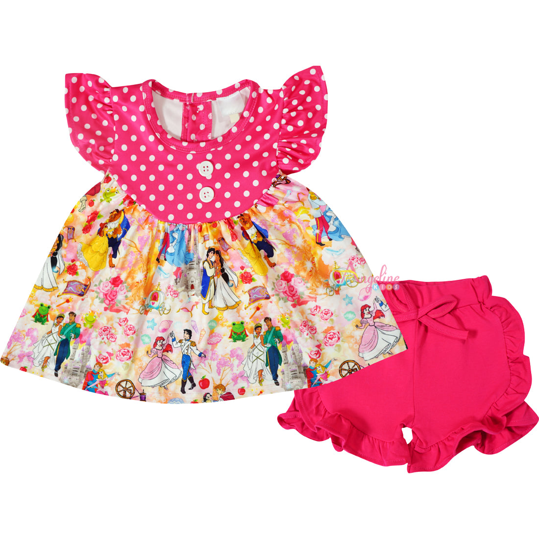 Boutique Clothing Girls Fairy Tale Princess & Prince Top Shorts Set - Fuchsia / Polka Dot - Angeline Kids