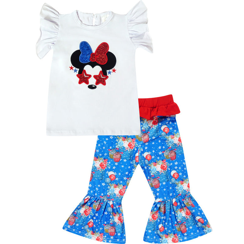 Baby Toddler Little Girls 4th July Independence Day Summer Disneyland Trip Minnie Yoga Pant Set Red White Blue - Angeline Kids