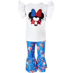 Baby Toddler Little Girls 4th July Independence Day Summer Disneyland Trip Minnie Yoga Pant Set Red White Blue - Angeline Kids