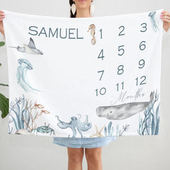 Baby Boy Ocean Milestone Blanket, Under the Sea Baby Name Blanket, Personalized Underwater Turtle Whale Fish Blanket