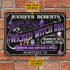 USA MADE Customized Witch Inn Black Cat Stay For A Spell Black Custom Classic Metal Sign, Metal Tin Sign, Personalized Sign Witch Decor, Witchy, Goth, Witch Sign, Halloween Sign, Halloween Gift