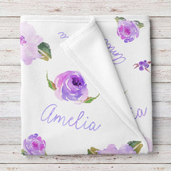 Personalized Floral Baby Girl Name Blanket, Purple watercolor print