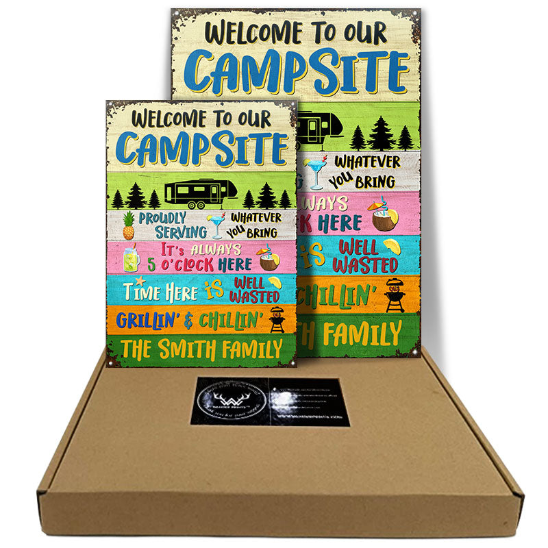 USA MADE Customized Welcome To Our Campsite Proudly Serving Camping - Personalized Custom Classic Metal Signs