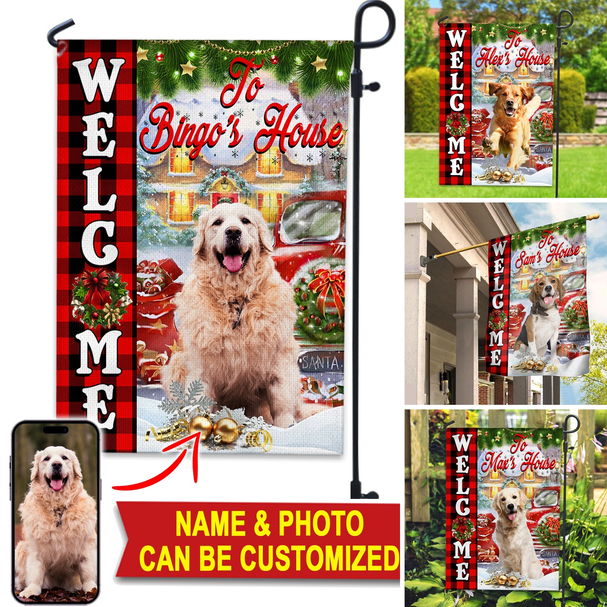 USA MADE Welcome To Pet Christmas House - Personalized Pet Photo And Name Flag - Christmas Gift, Gift For Pet Lovers