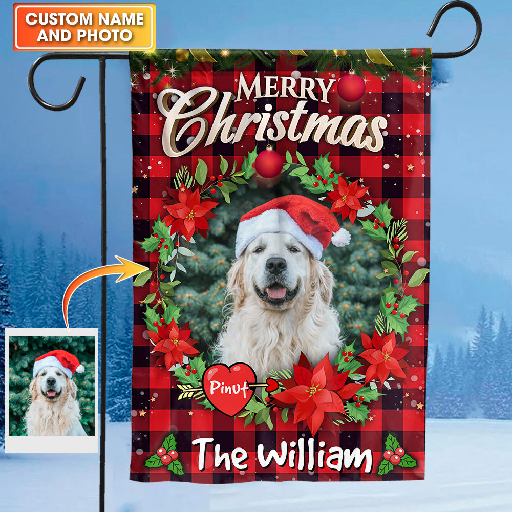USA MADE  Merry Christmas| Custom Pet Photo, Name And Family Name Flag | Christmas Gift, Gift For Pet Lovers| Custom Pet Photo Flag Christmas Home Decor Gift