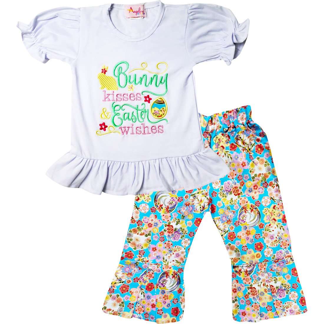 Angeline Kids:Baby Infant Girls Spring Blossom Bunny Kisses Easter Wishes Ruffles Top Pants Set
