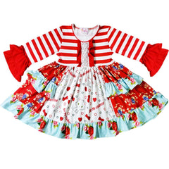 Angeline Kids:Baby Little Girls Valentines Day Hello Kitty Ruffles Dress Set - Red STripes