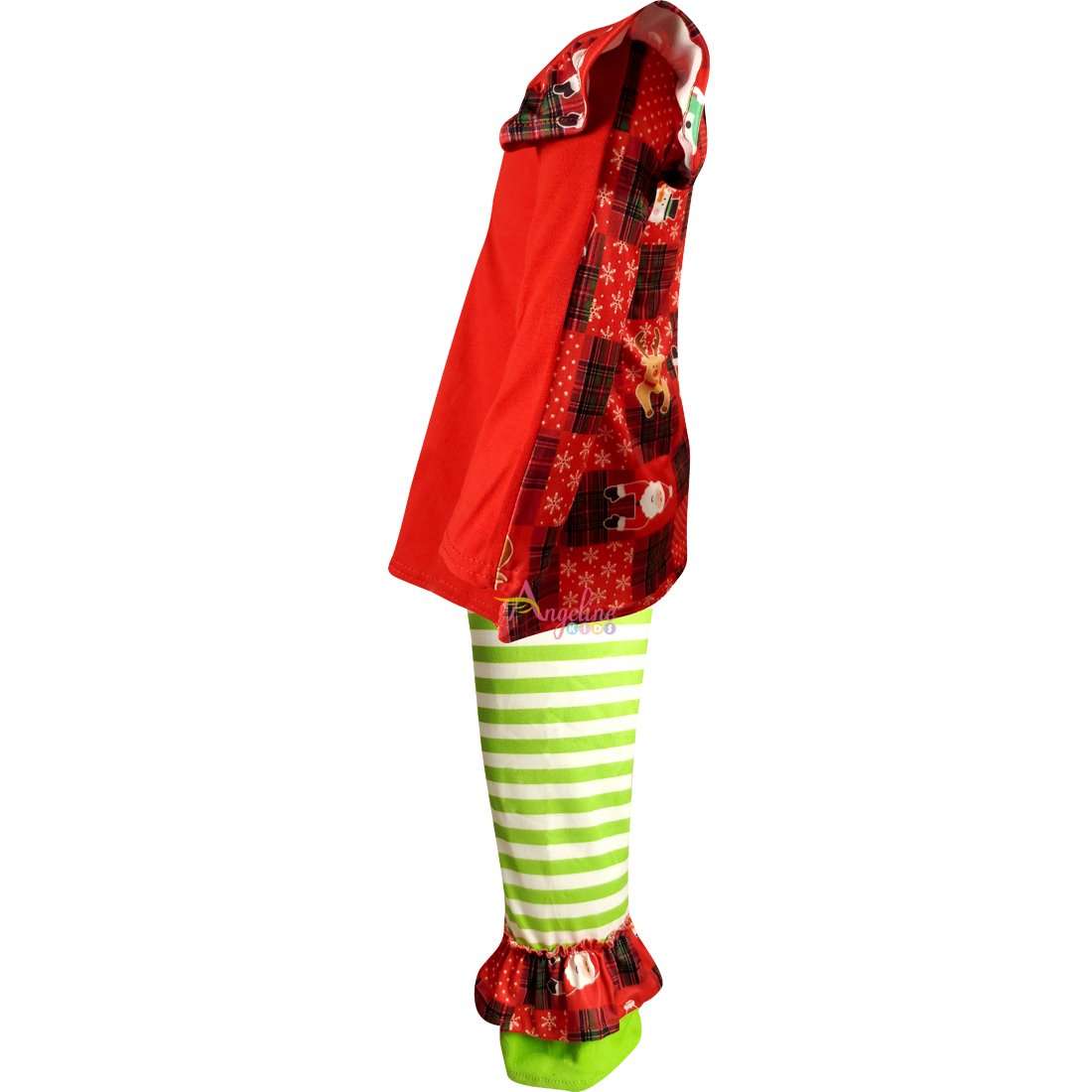 Angeline Kids:Baby Toddler Little Girls Christmas Tree & Reindeer Top Pants Set - Red Lime Stripes