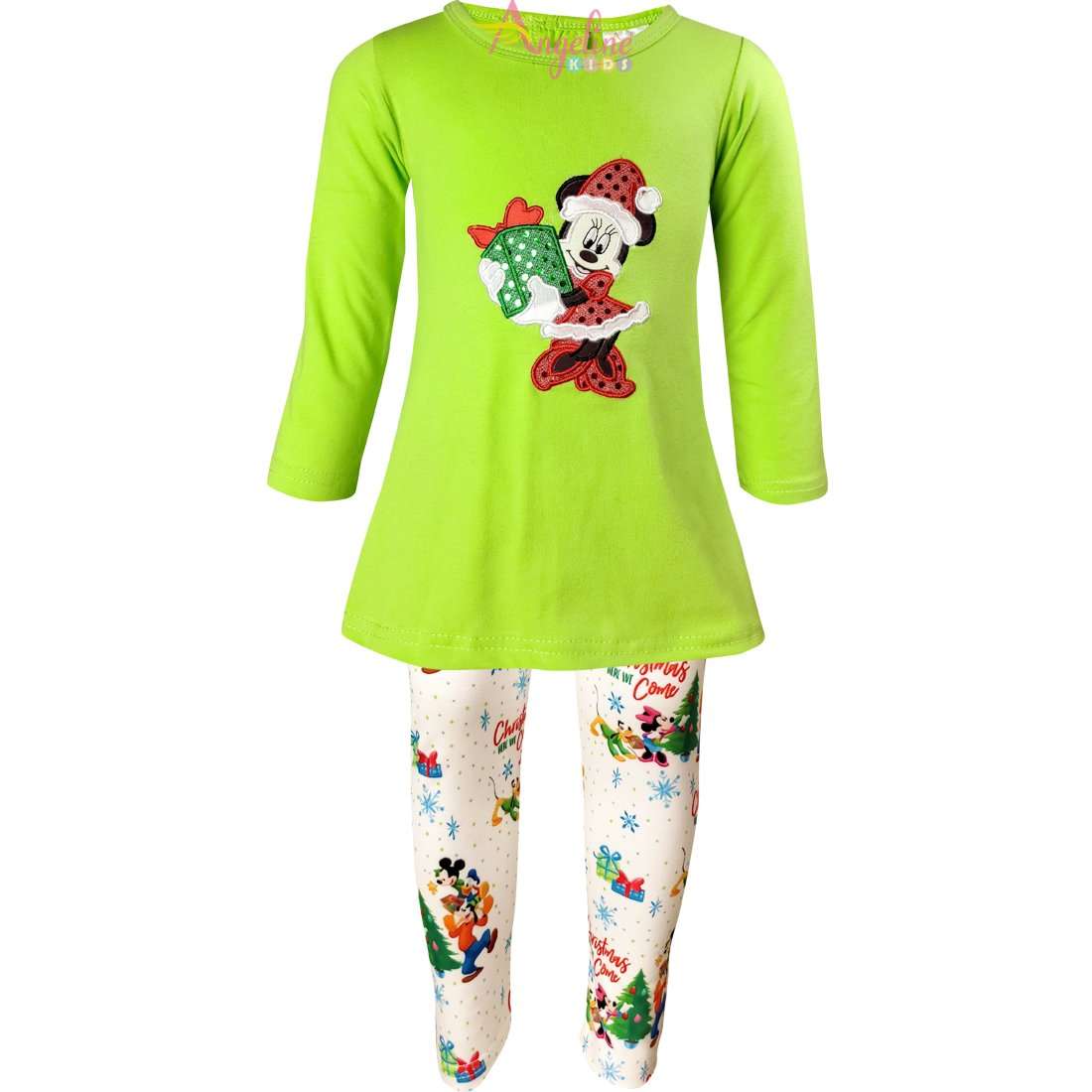 Angeline Kids:Baby Toddler Little Girls Disney Christmas Minnie Mouse Gift Tunic Legging Set - Lime