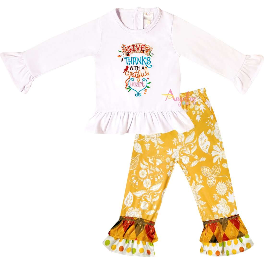 Angeline Kids:Baby Toddler Little Girls Thanksgiving Give Thanks With A Grateful Heart Pant Set