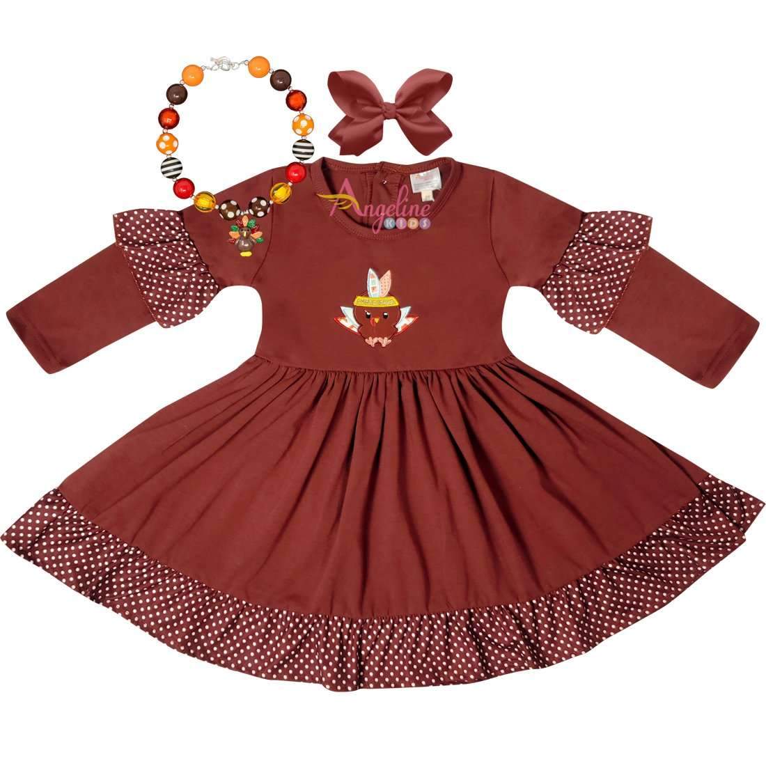 Angeline Kids:Baby Toddler Little Girls Thanksgiving Indian Turkey Necklace Bow Set