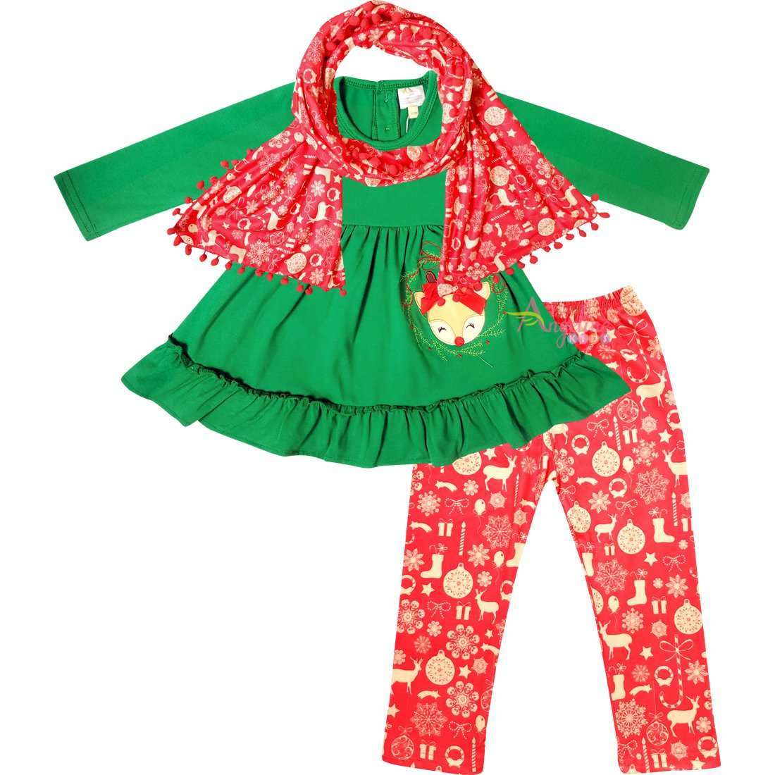 Angeline Kids:Toddler Little Girls Merry Christmas Reindeer Scarf Outfit