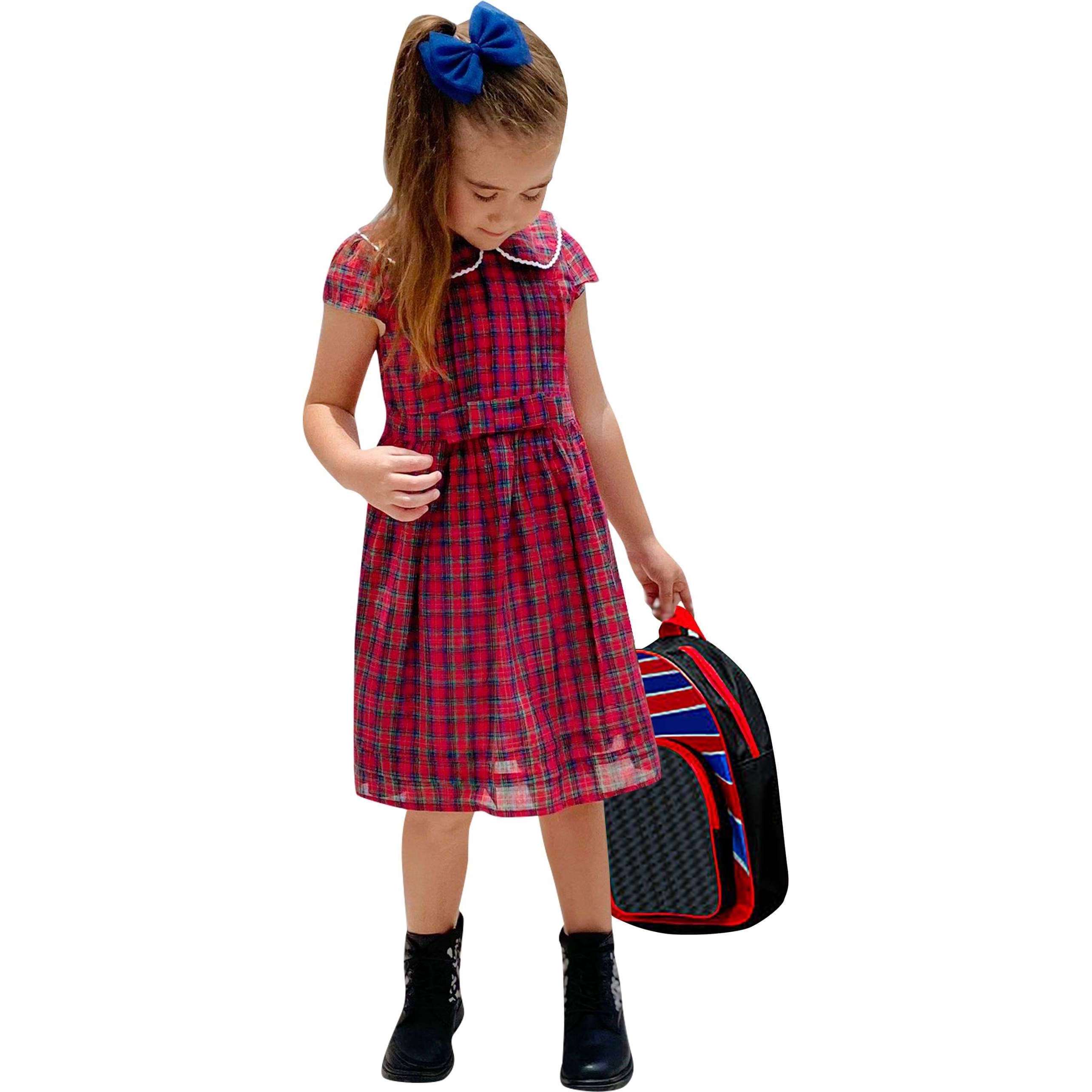 Baby Girls Back To School Classic Tartan Plaid Peter Pan Woven Cotton Dress - Red - Angeline Kids