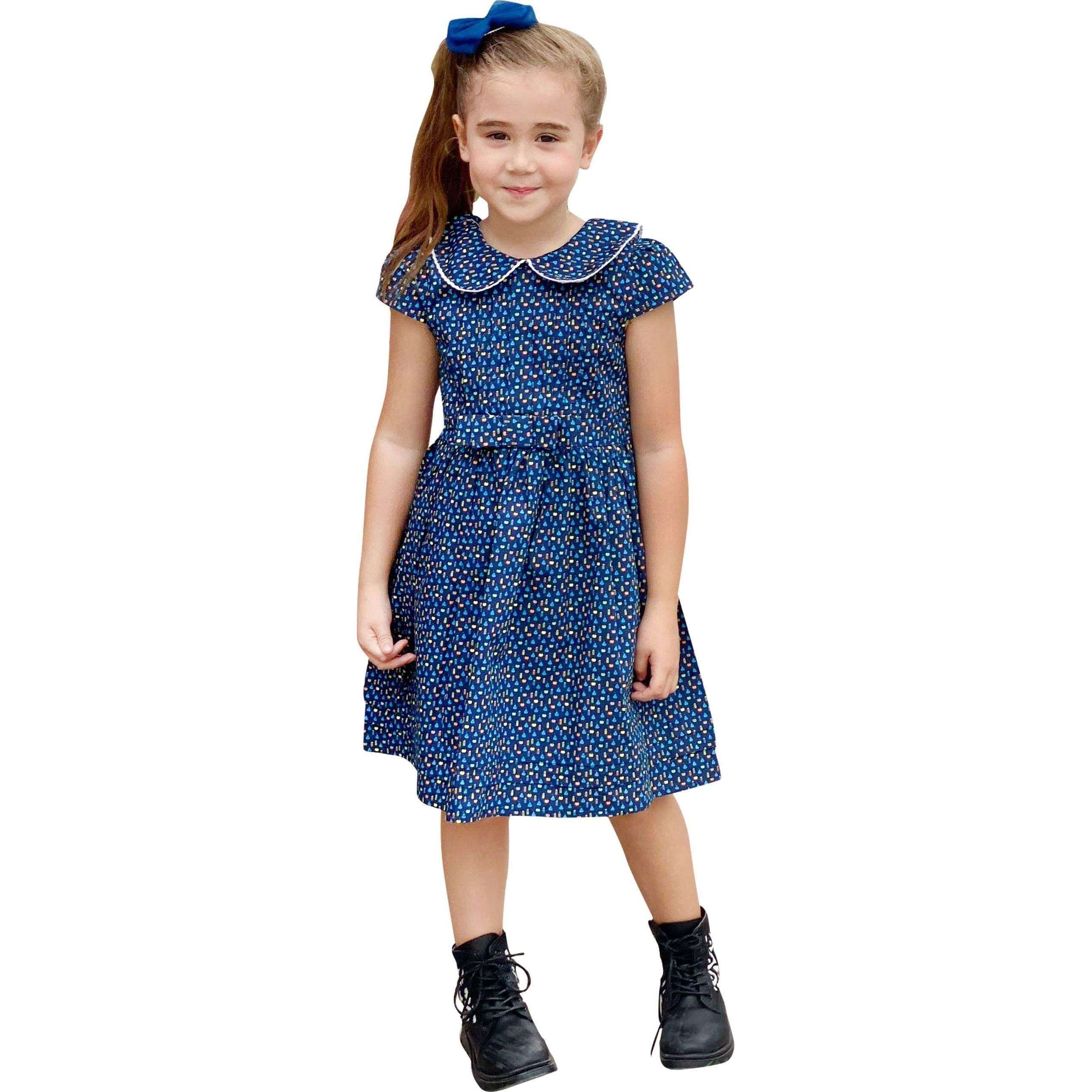 Baby Girls Back To School Pencil Apple Woven Cotton Dress - Navy - Angeline Kids