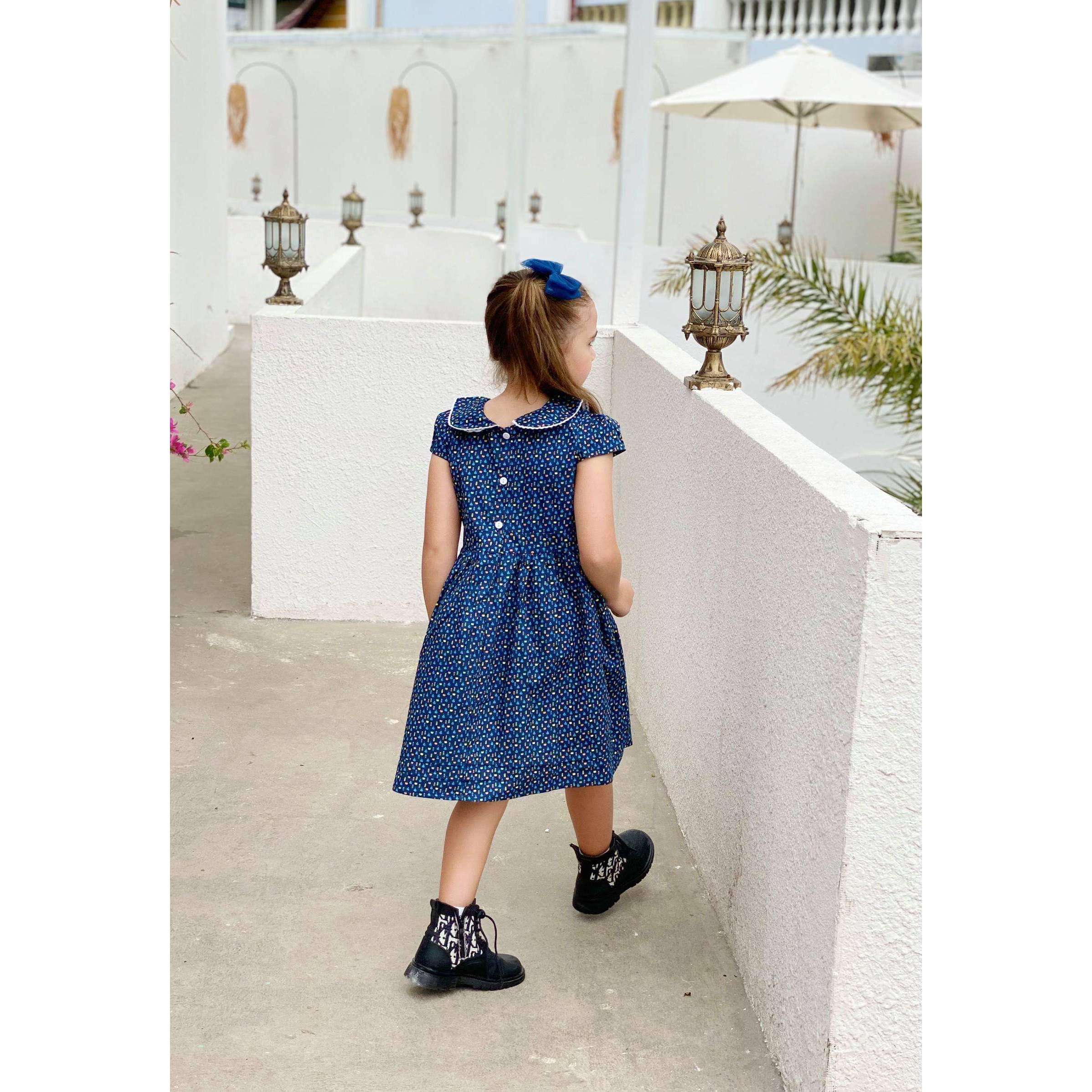 Baby Girls Back To School Pencil Apple Woven Cotton Dress - Navy - Angeline Kids