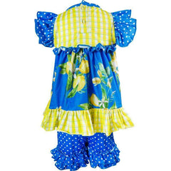 Baby Girls Summer Tutti Frutti/ Back To School Lemon Blossoms Ruffle Top & Shorts Set - Blue/Yellow - Angeline Kids