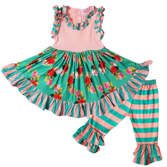 Angeline Kids:Baby Little Girl Summer Vintage Rose Capri Set Turquoise/Coral
