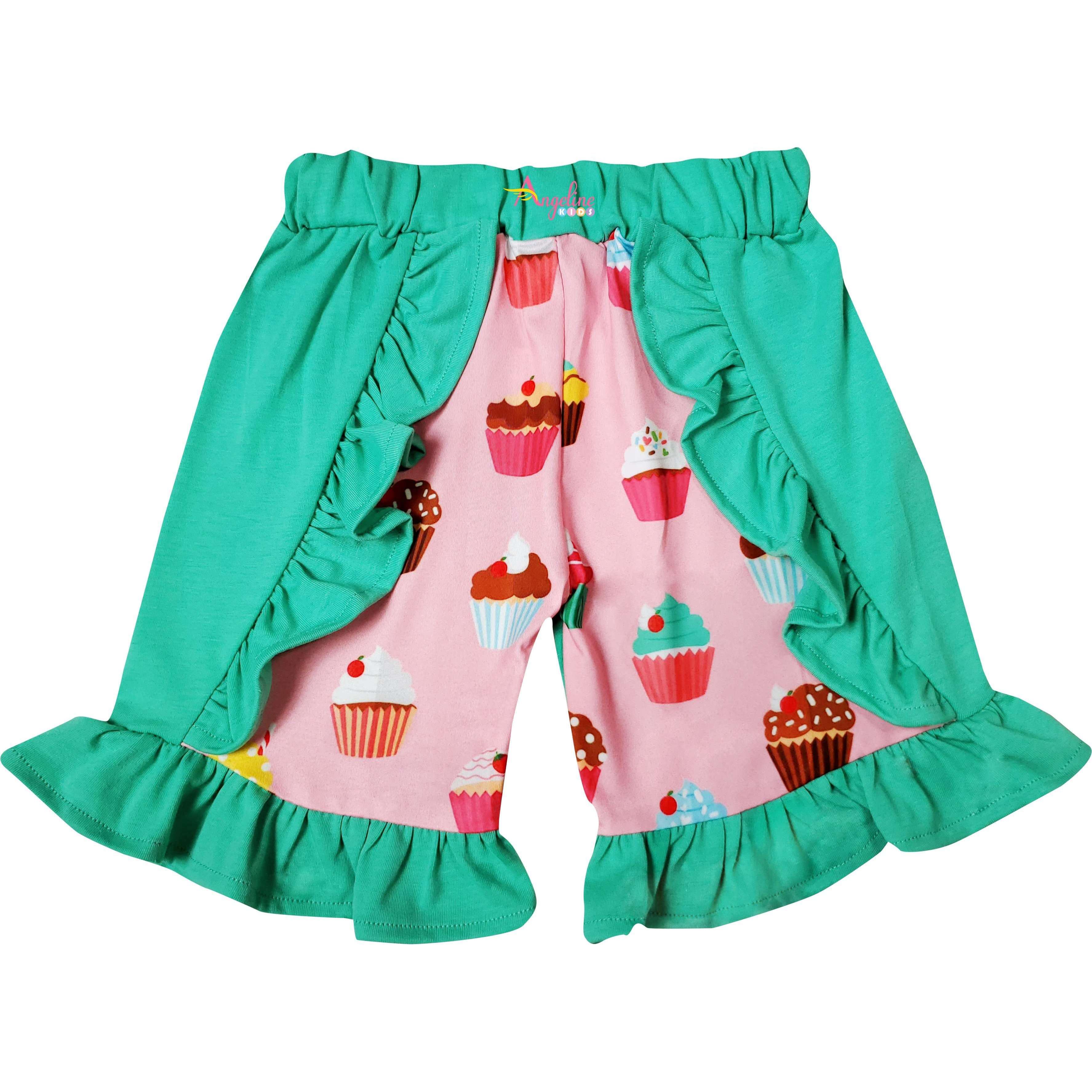 Angeline Kids:Baby Toddler Little Girls I Love Cupcake Ruffle Top Short Set