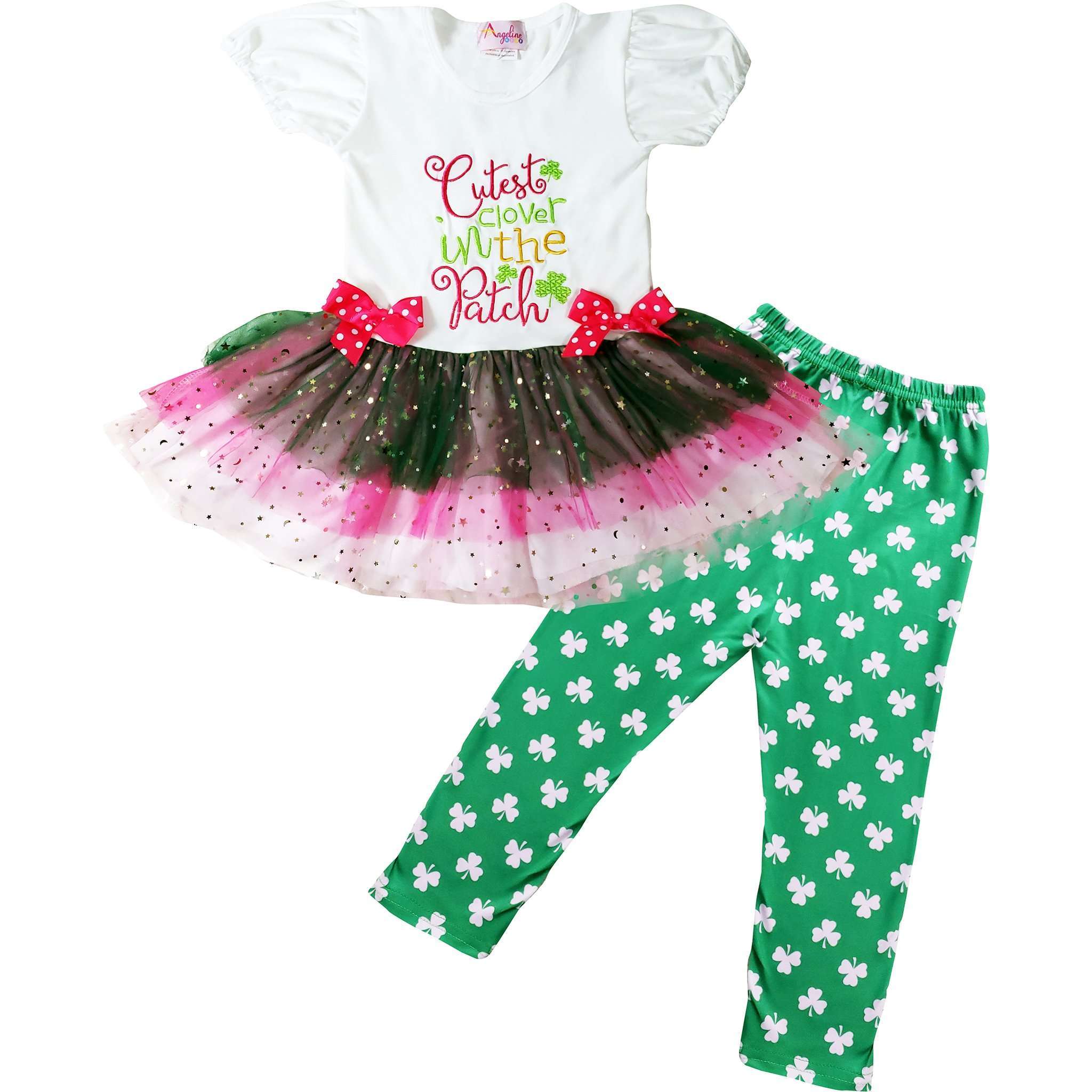 Angeline Kids:Baby Toddler Little Girls St. Patrick's Day Cutest Clover In The Patch Tutu Skirt Set