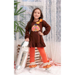 Angeline Kids:Baby Toddler Little Girls Thanksgiving Turkey Tunic Leggings Set - Brown Orange