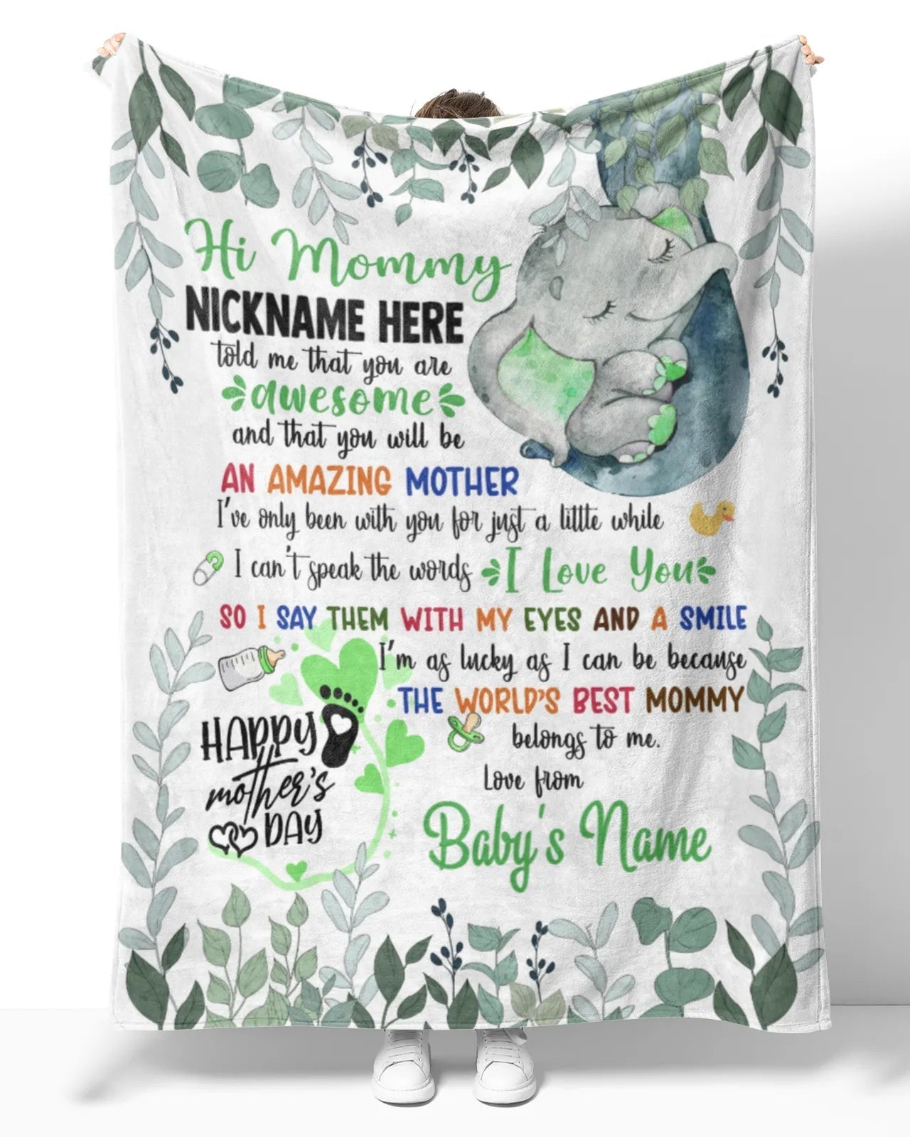 1st Mother's Day Blanket,Gifts for New Mom, Personalized Hi MOMMY Cute Baby Elephant,  Jungle Blanket