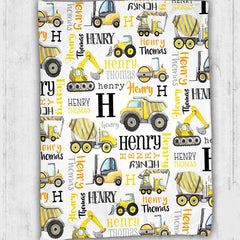 USA MADE Personalized Construction Name Blanket, Custom Baby Blanket, Construction Truck Personalized Blanket