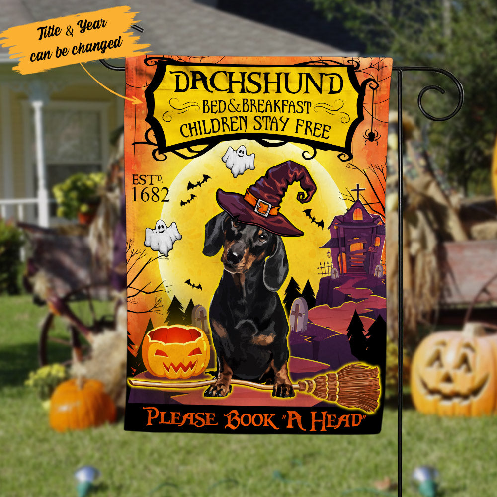 USA MADE Personalized Dachshund Dog Bed and Breakfast Halloween Flag | Custom Photo Pet Garden House Flag , Yard Banner Decor