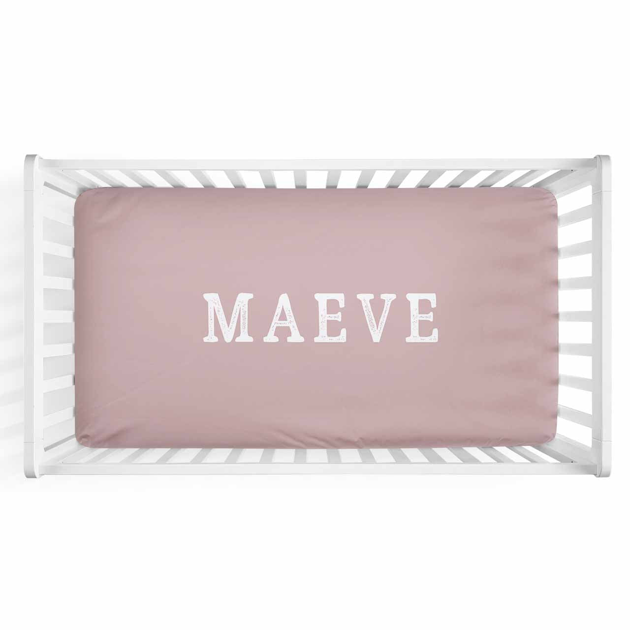 Personalized Baby Name Mauve Color Jersey Knit Crib Sheet in Block Print Style