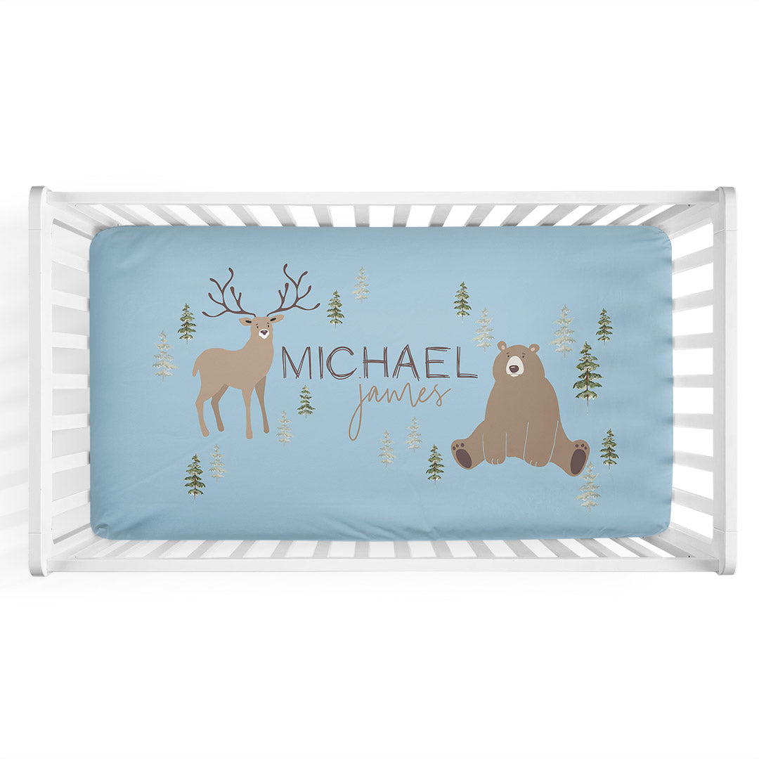 Forest Friends Personalized Crib Sheet | Baby Boy Nusery Bedding