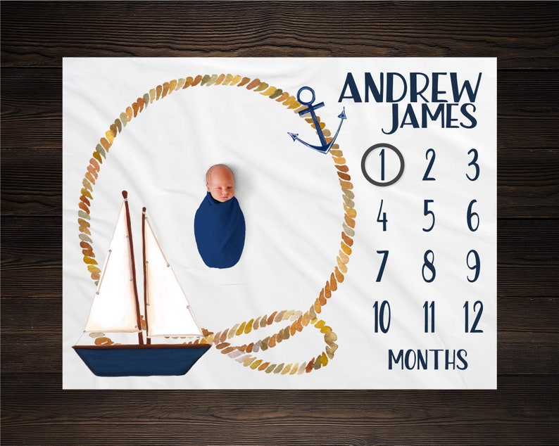 Personalized Blanket Nautical Baby Milestone Blanket - Baby Growth Tracker Fleece Blanket Baby Shower - Baby Newborn Gift Baby Boy Sail Boat