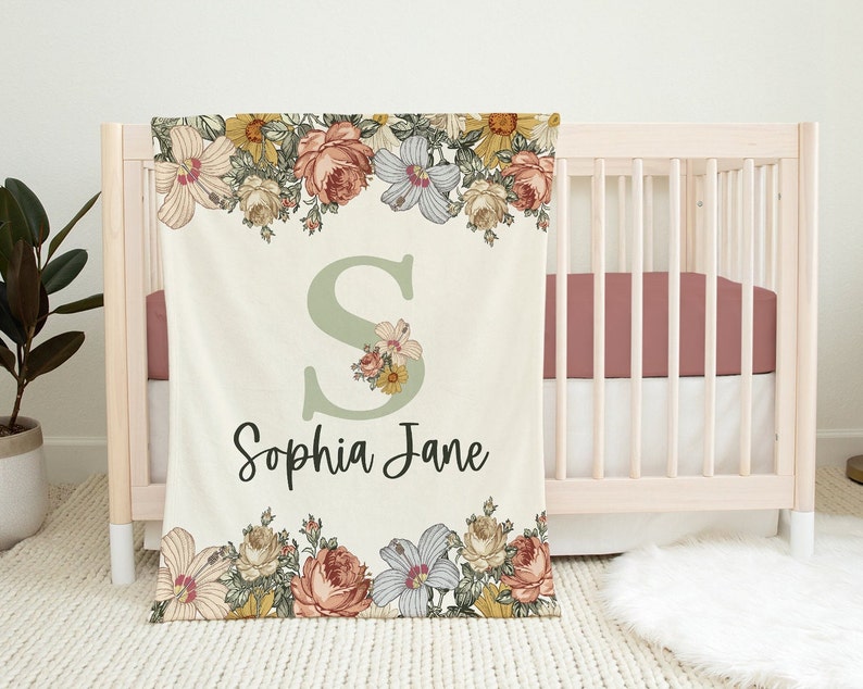 Personalized Baby Girl Blanket - Boho Baby Blanket with Name - Vintage Floral Baby Blanket -Baby Shower Gift