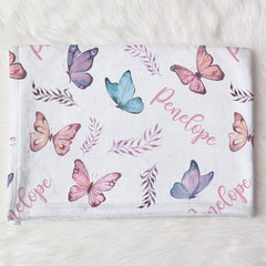 Custom Butterfly Baby Name Blanket, Baby Girl Butterfly Swaddle, Leaves Blanket, New Mom Gift, Newborn Gift