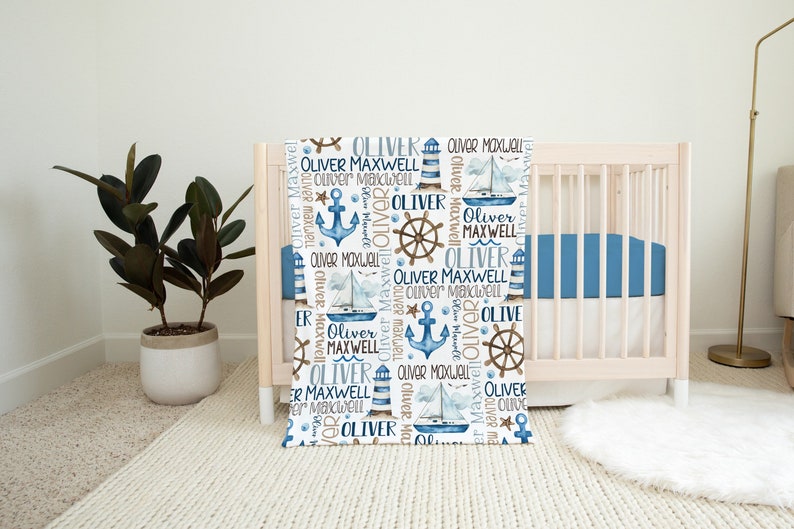Personalized Blanket Baby Boy   Nautical Blanket - Sailboat Anchor Baby Blanket - Custom Name Baby Boy Gift - Nautical Swaddle Blanket