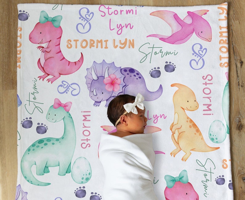 Personalized Dinosaur Blanket, Girl Dinosaur Baby Blanket, Baby Name Blanket, Baby Girl Blanket, Baby Shower Gift