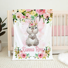 Bunny Rabbit Floral Baby Girl Blanket Blush Pink Flowers Newborn Baby Girl Monogram Flowers, Baby Shower Gift Bunny Crib Bedding