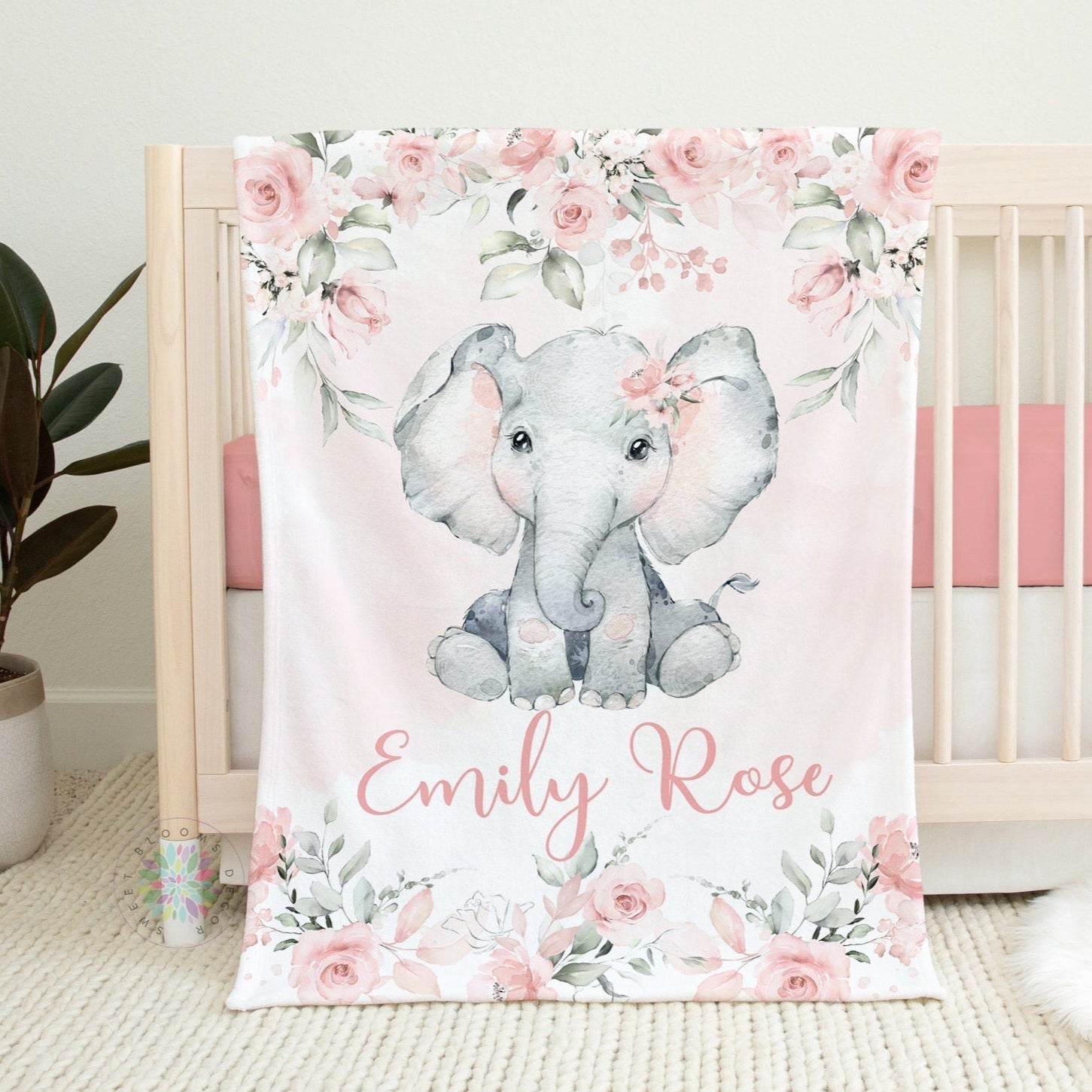 Elephant Floral Baby Blanket, Personalized Blush Pink Flowers  Roses Name Blanket, Baby Shower Gift