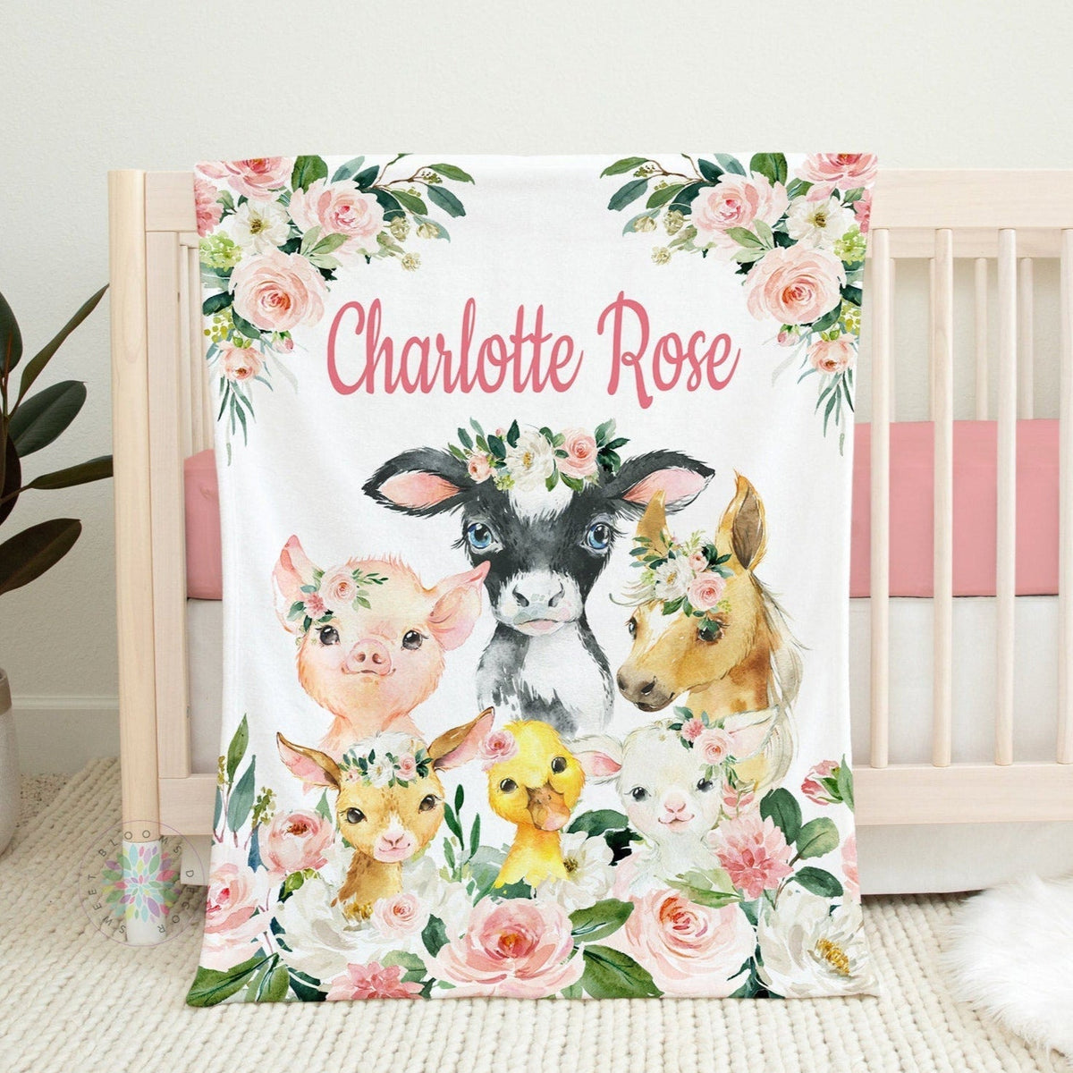 Farm Animals Floral Baby Name Blanket, Blush Pink Watercolor Flowers Cow Sheep Goat Pig Horse Duck  Baby Shower Gift