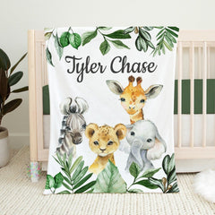Safari Animals Baby Boy Name Blanket, Jungle Greenery Leaves Forest Personalized Blanket