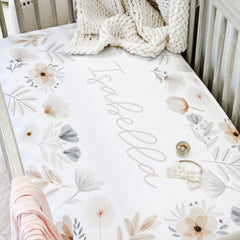 Navie's Neutral Floral Personalized Crib Sheet