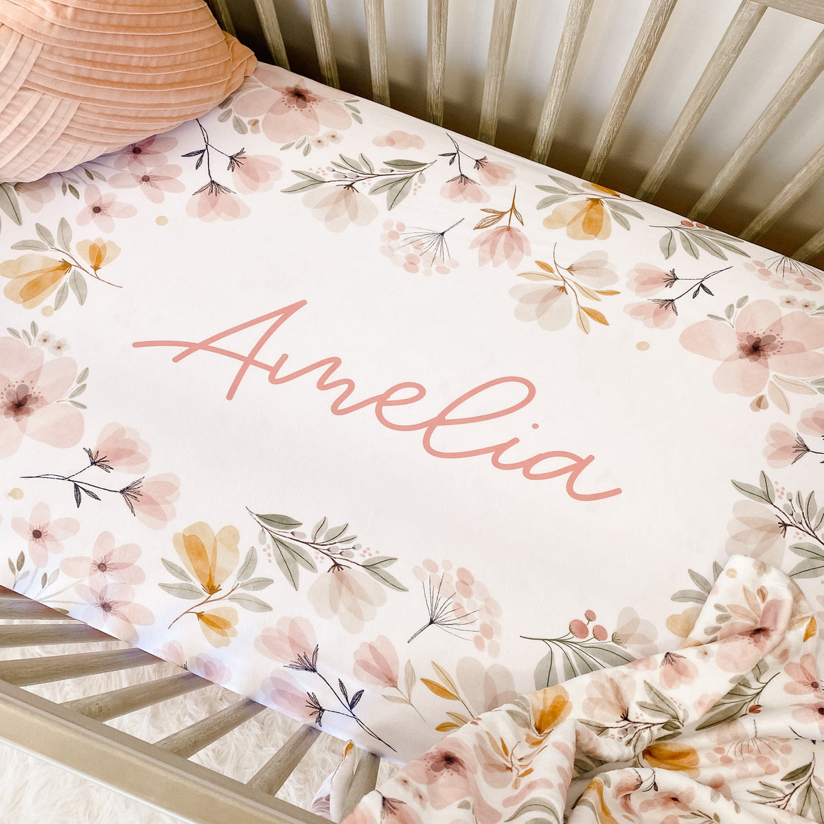 Maeve's Mauve & Mustard Floral Personalized Crib Sheet