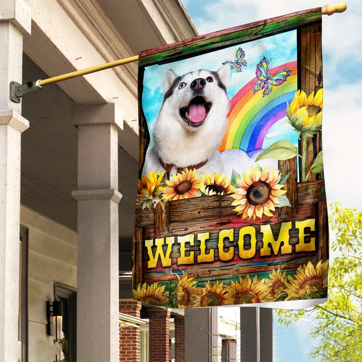 Personalized Sunflower Dog, Custom Dog Photo With Rainbow Garden Flag
