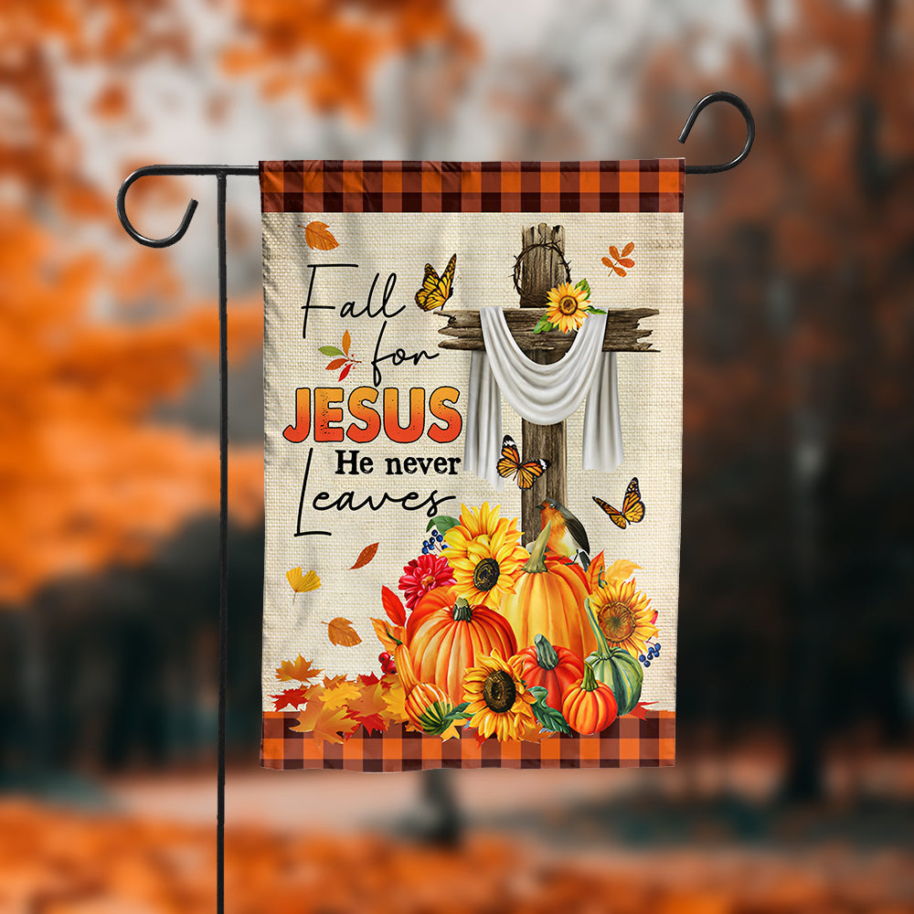 Fall For Jesus - He Never Leaves - Personalized Photo And Name Flag - Thanksgiving Gifts