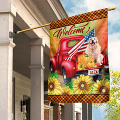 Welcome Pumpkin And Sunflower Pattern - Personalized Pet Photo & Name Flag - Gift For Pet Lovers