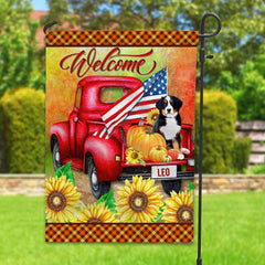 Welcome Pumpkin And Sunflower Pattern - Personalized Pet Photo & Name Flag - Gift For Pet Lovers