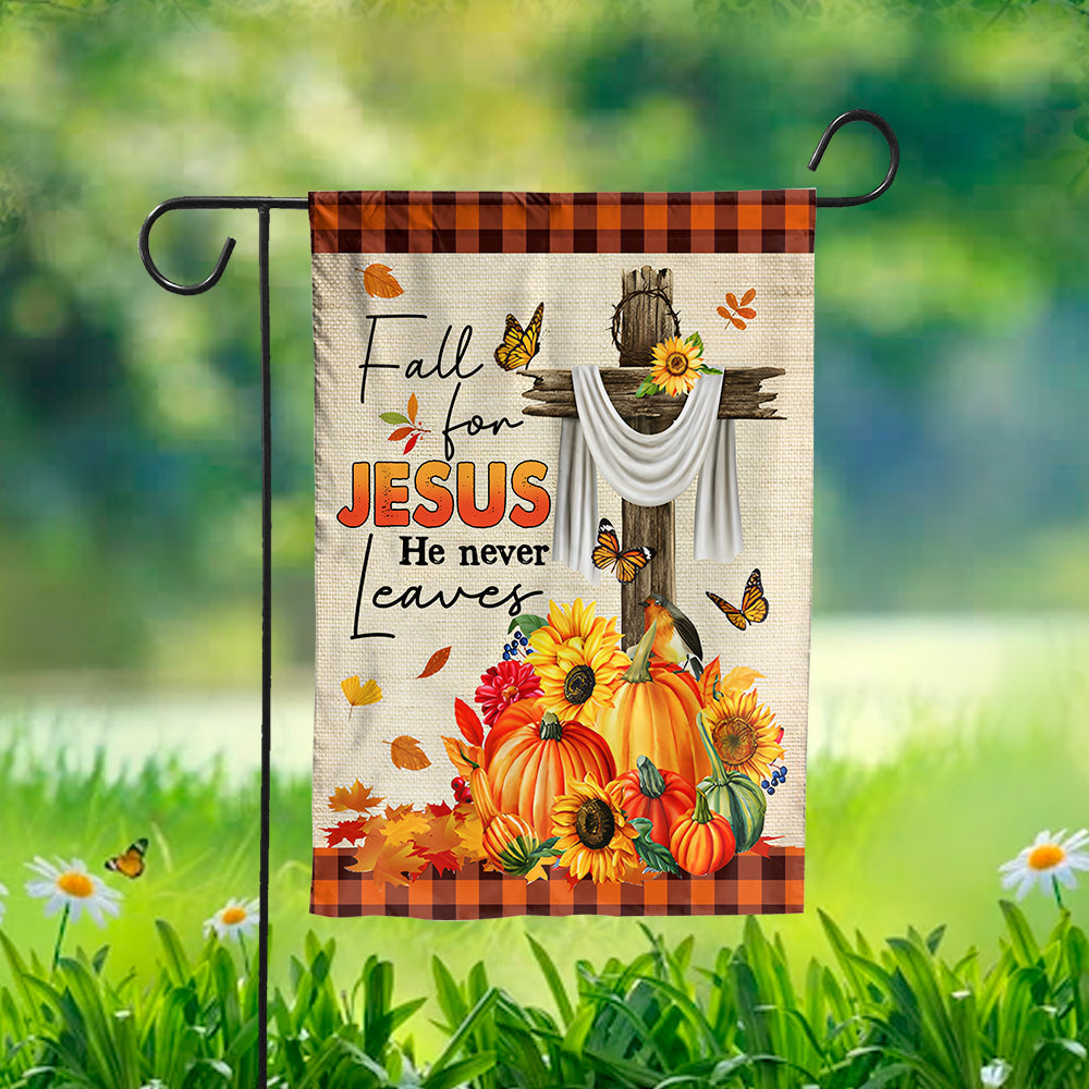 Fall For Jesus - He Never Leaves - Personalized Photo And Name Flag - Thanksgiving Gifts