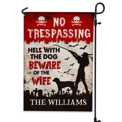 No Trespassing Hell With The Dog Beware - Personalized Family Name Flag - Halloween Gift
